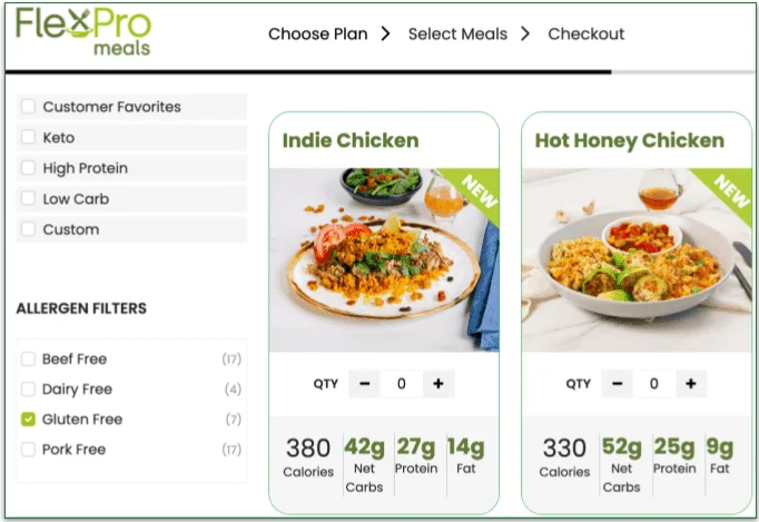 a screenshot of flexpro meals' menu filters