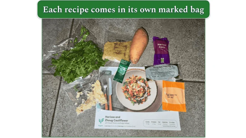 Ingredients for Green Chef’s Harissa and Zhoug Cauliflower laid out around the recipe