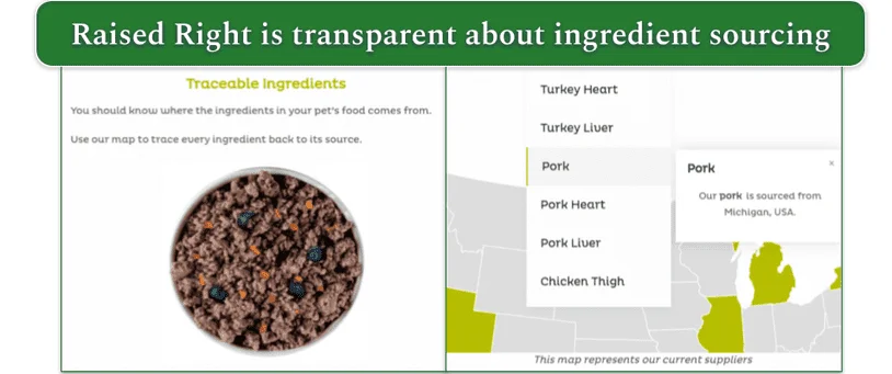 Raised Right’s beef recipe next to a map showing that you can click on an ingredient to find out where it is sourced