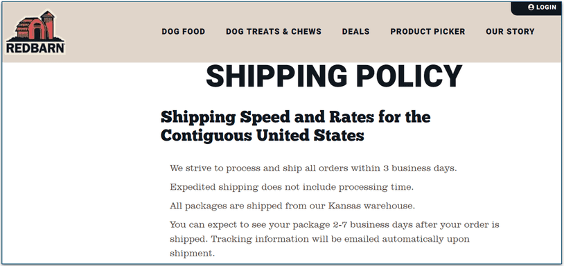 Redbarn's shipping policy
