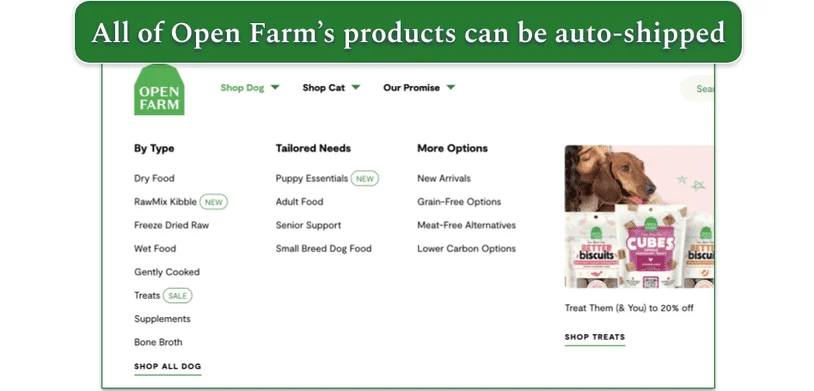 Screenshot of Open Farm’s dog food menu by type and needs