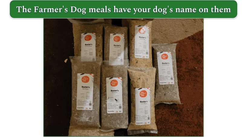 The Farmer’s Dog packaged meals labeled with Baxter’s name