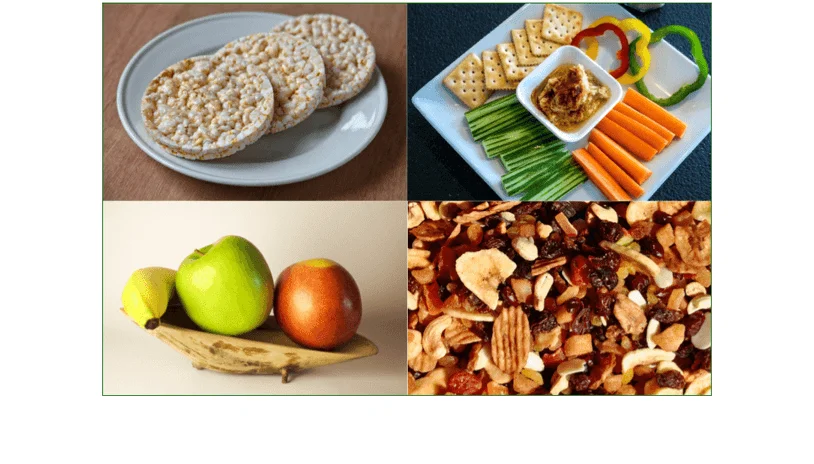 Rice crackers, dried fruit and nuts, fresh fruit, and hummus and veggie sticks