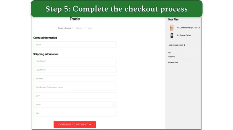 a screenshot of drink trade's checkout screen