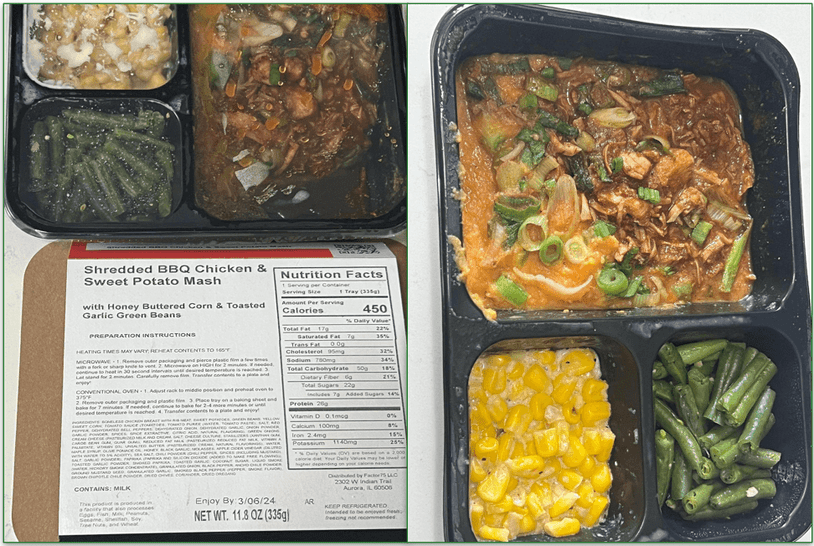 Shredded BBQ chicken and sweet potato mash in the microwave container with the reverse of the packaging on show with calories and other nutritional info