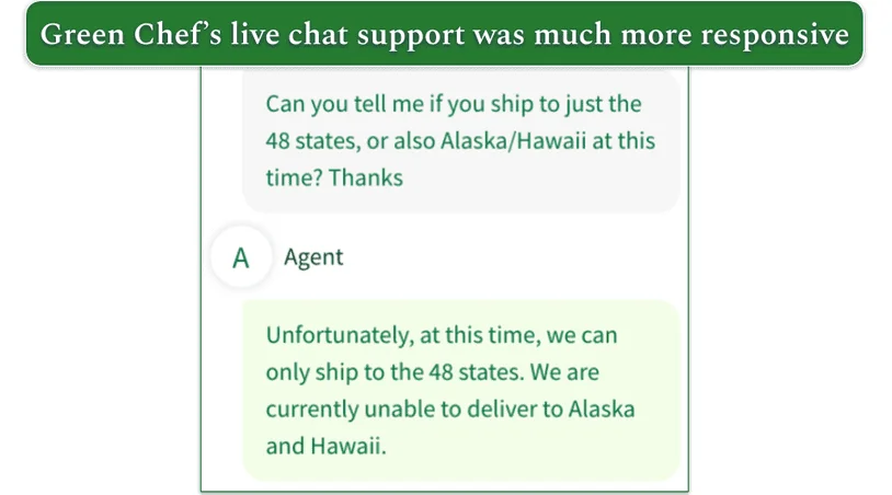 a screenshot of a green chef live chat conversation