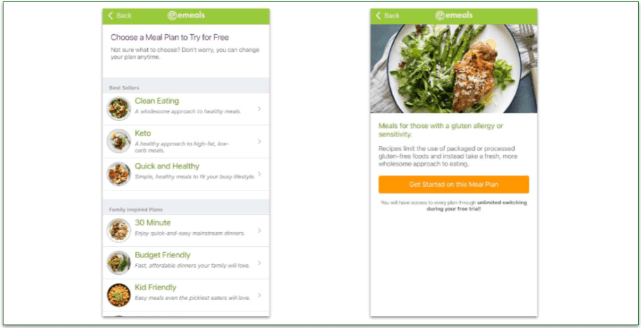 screenshot of eMeals diet plan options on the mobile app