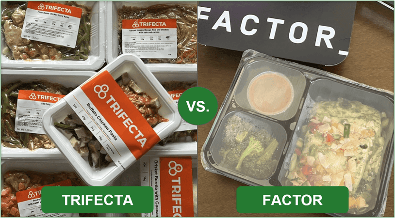 Comparison image of Trifecta and Factor's packaged single serving meals