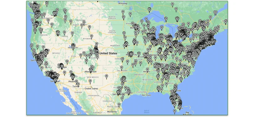 A US map showing locations of Raised Right's brick and mortar partners