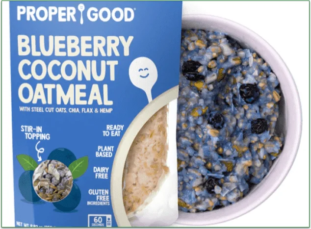 A Proper Good package and bowl of Blueberry Coconut Oatmeal