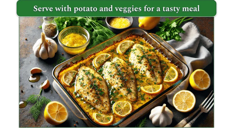 Tilapia filets in a baking dish with lemon and garlic