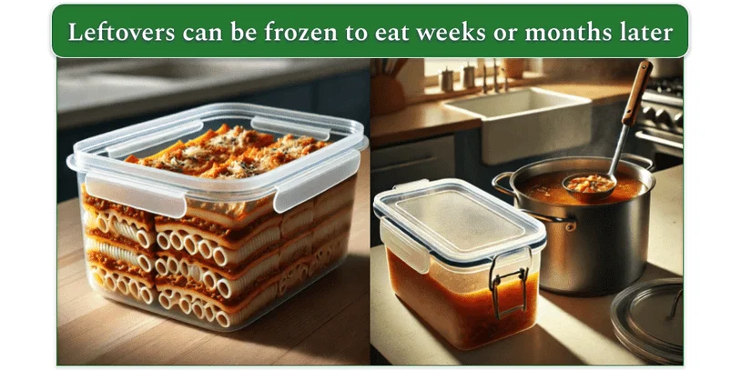 Left - left over lasagne in a freezer-safe container. Right - pot of soup with a freezer-safe container next to the pot filled with soup.
