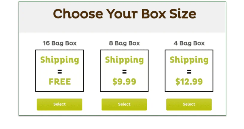 Raised Right has 3 box sizes - 16, 8, or 4 bags. Shipping is free for the largest box, $9.99 for medium, and $12.99 for small