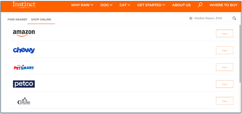 List of online retailers that stock Instinct including Amazon and Chewy