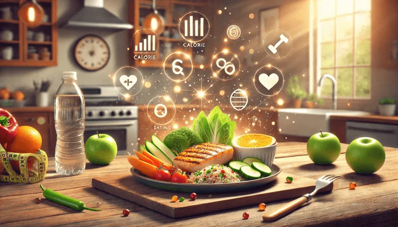 Plate of healthy food options with app symbols relating to calories above