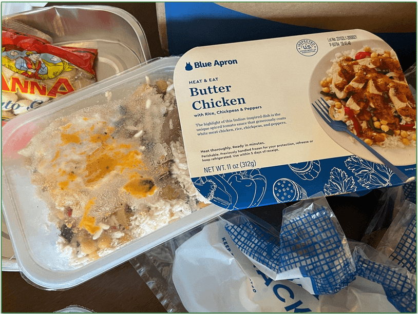 Blue Apron’s Prepared Butter Chicken in it’s packaging