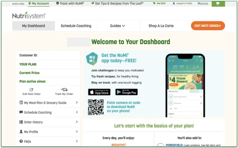 Screenshot of Nutrisystem's My Dashboard