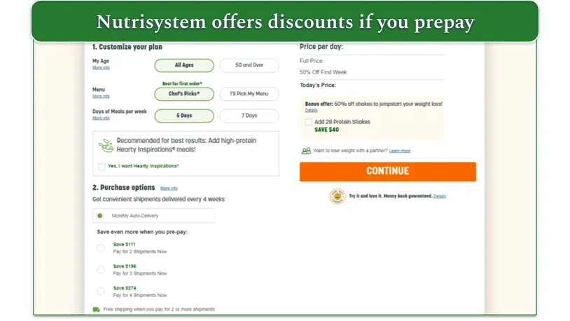 Screenshot of Nutrisystem's plan options with auto-delivery cost options