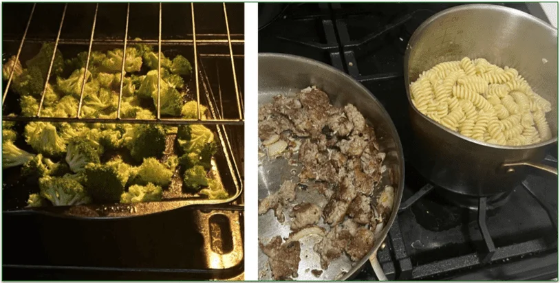 Broccoli roasting in the oven and sausage meat and pasta being cooked in pans