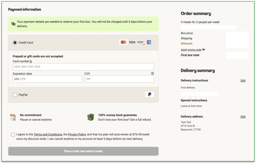 screenshot of hellofresh payment info page