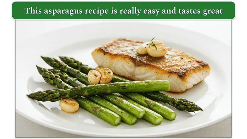 A plate of pan-seared asparagus beside some grilled fish.