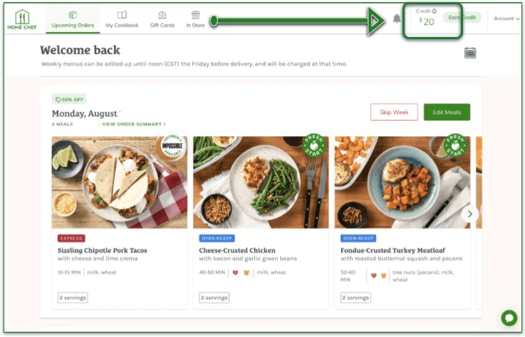 Screenshot of Home Chef's account page with $20 refund highlighted