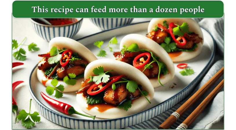 Pork belly and veggies served in a few buns on a tray.