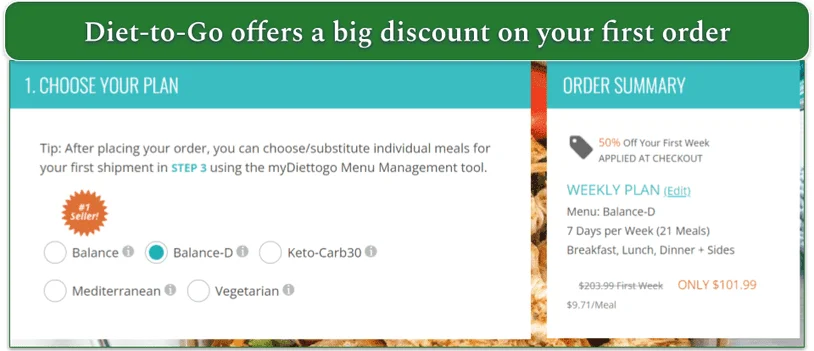 The cost breakdown for a 1st time order with Diet-to-Go