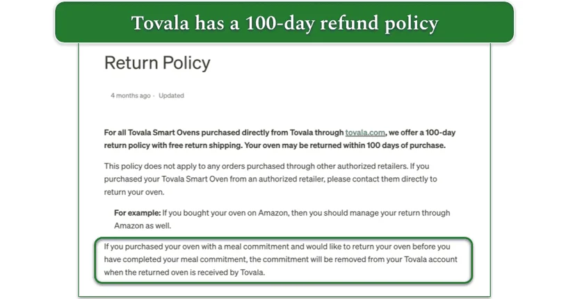 screenshot of Tovala's return policy