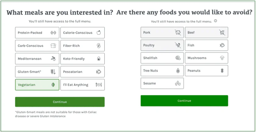 Screenshot of Home Chef's Preferences sign-up screen