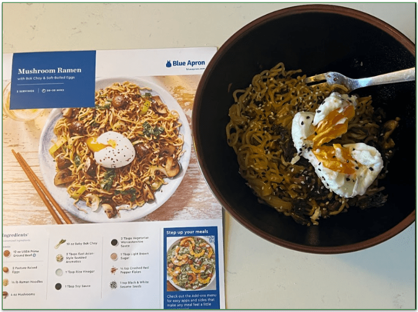 Blue Apron’s Japanese-inspired Mushroom Ramen next to the recipe card
