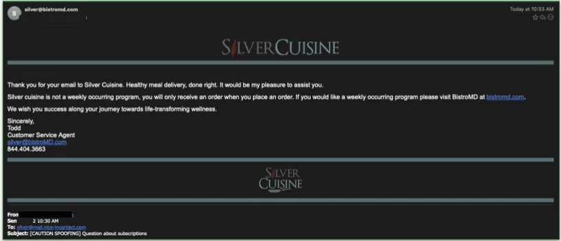 a copy of an email concerning Silver Cuisine's lack of subscriptions