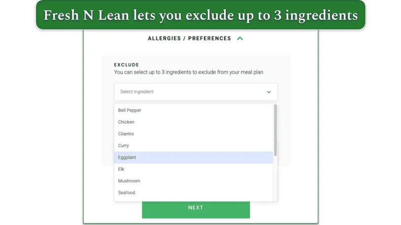Screenshot of Fresh N Lean's Allergies/Preferences filter