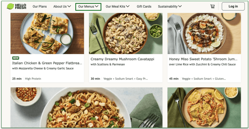 Screenshot of HelloFresh's menu page.