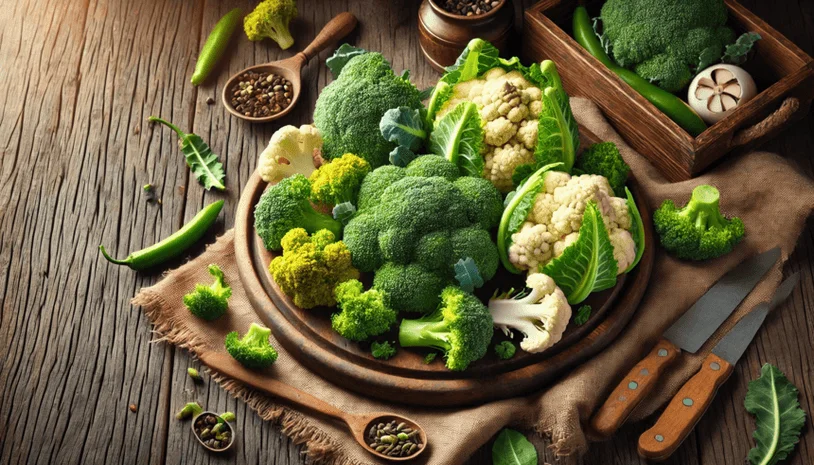 a few heads of broccoli and cauliflower on a rustic-style plate