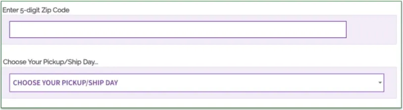 Screenshot of Seattle Sutton's enter zip code and delivery date screen