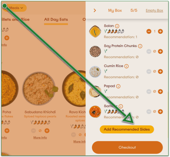 Screenshot with the Add Recommended Sides button, before the Checkout screen