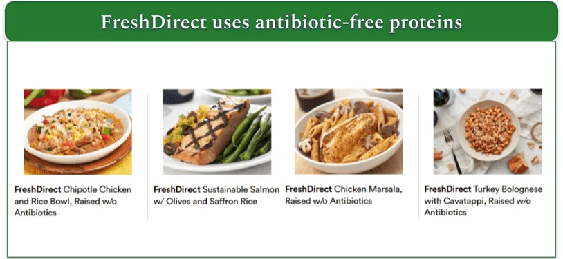 Screenshot of 4 FreshDirect meals featuring sustainable fish and meat raised without antibiotics