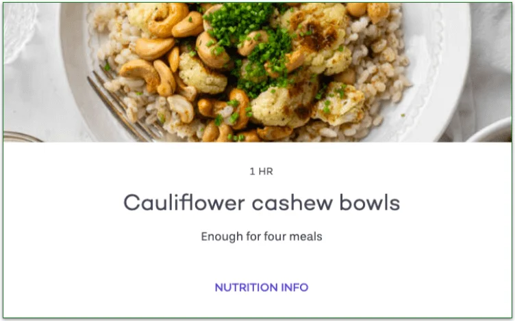 Screenshot of PlateJoy's Vegan Cauliflower Cashew Bowl Recipe