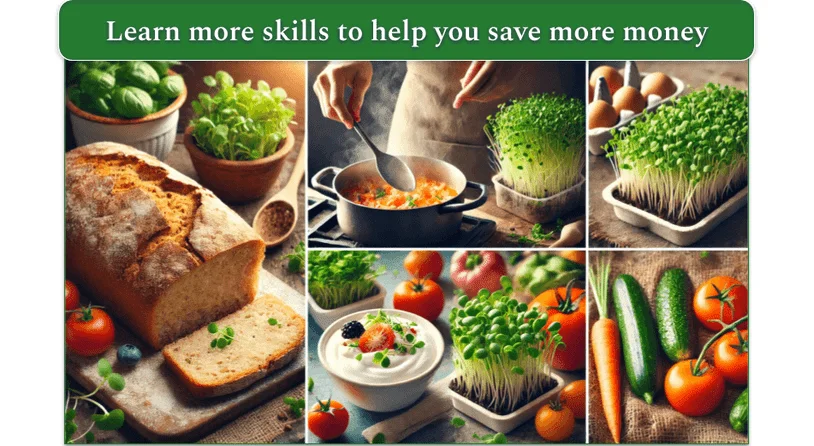 Collage of images including a person cooking, microgreens, sliced bread, and vegetables