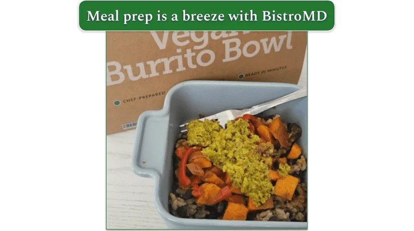 Image of BistroMD's Vegan Burrito Bowl in a heat-proof container