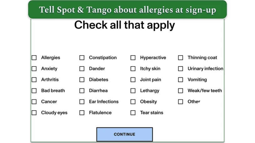 Spot & Tango quiz asks questions about allergies and other health conditions