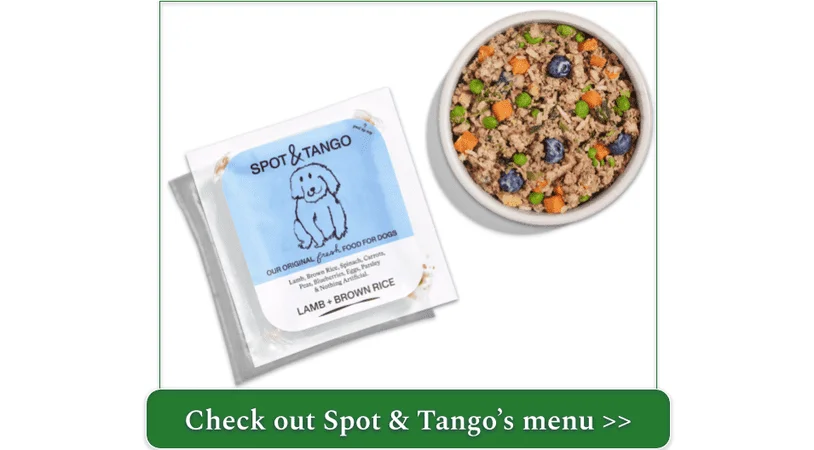 Spot & Tango's lamb and brown rice meal in a bowl with the packet next to it