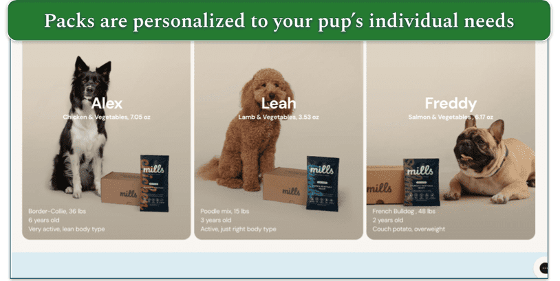 Screenshot from Mills website of 3 different dog breeds next to different size Mills packs with their basic details