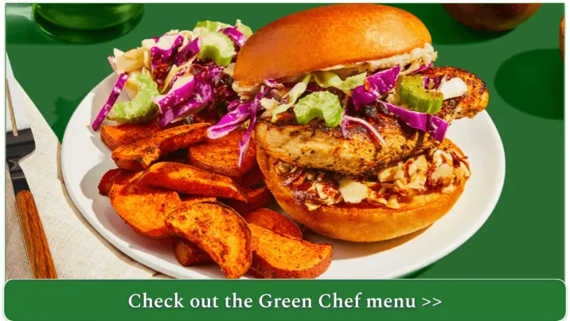 screenshot of Green Chef's Smoky Chicken Sandwiches with honey butter, candied almonds, slaw, roasted sweet potato