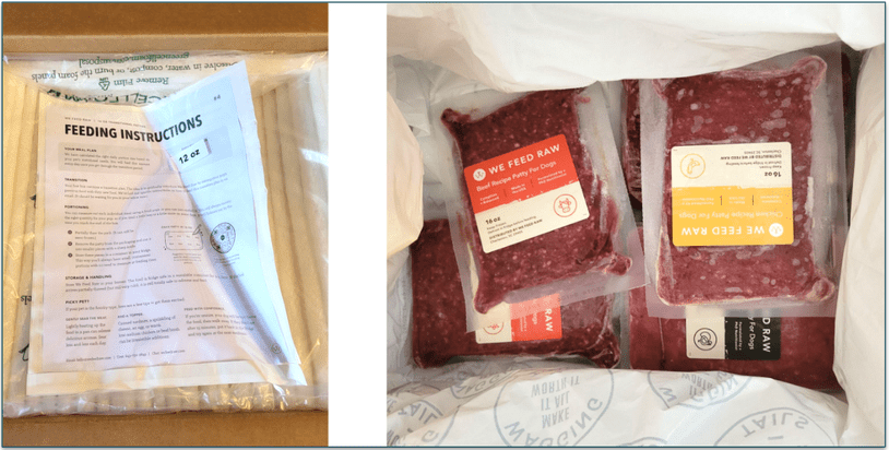 We Feed Raw feeding guidelines and a We Feed Raw box opened showing the packages of frozen food