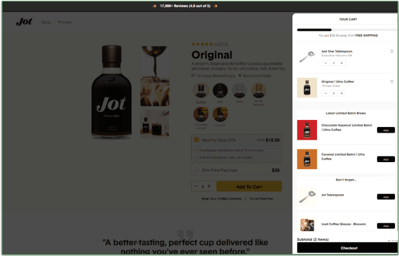 Screenshot of Jot's cart showing order and additional options available