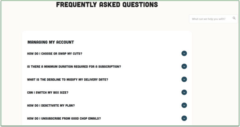 Good Chop's Managing My Account page in the FAQs