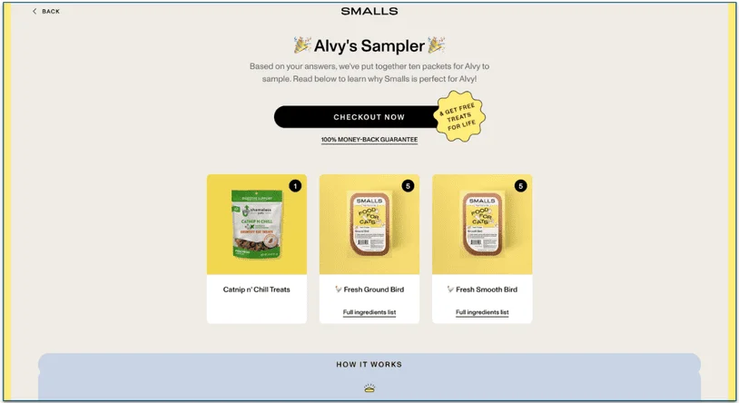 Screenshot of chosen recipes during the Smalls signup process