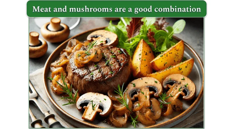 Balanced meal including cubed meat, potatoes, mushrooms, and green salad as main ingredients.